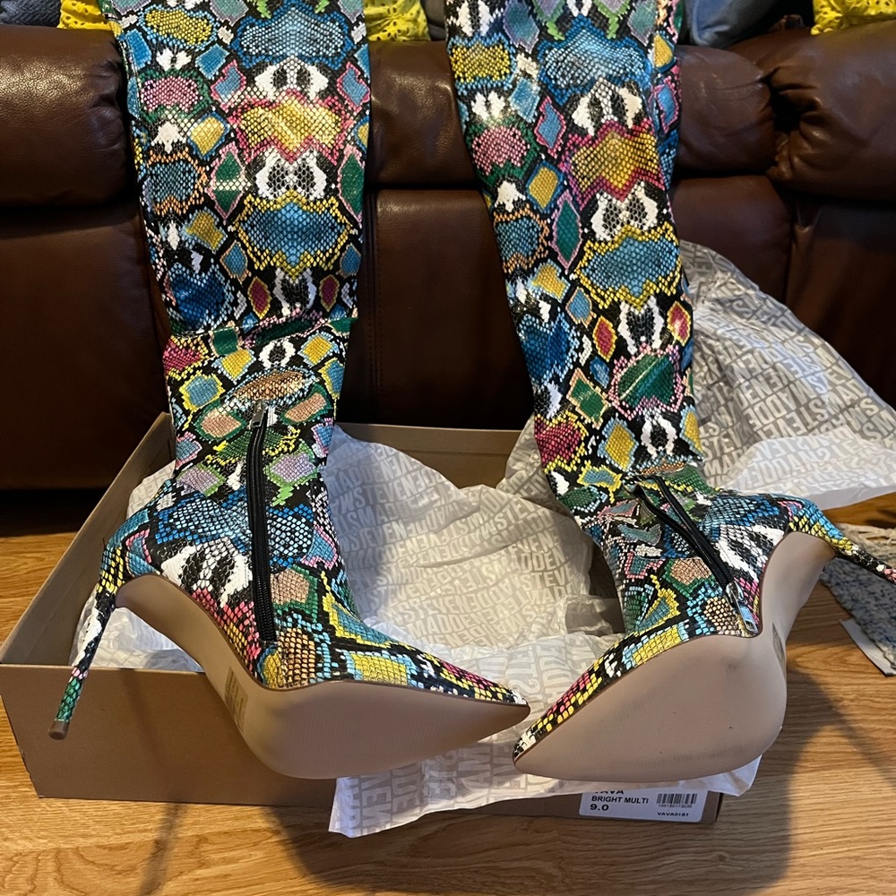 Steve Madden’s ladies high heel multicolor boots brand new. .